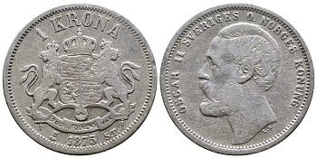 Швеция 1 крона 1875 ST, Оскар II (1872-1907) король Швеции и Норвегии KM 741 серебро 4178-421