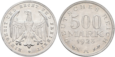 Германия 500 марок 1923 А KM 36, J.305 алюминий UNC 4587-422