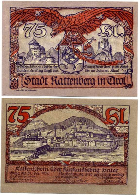 Австрия, Раттенберг 75 геллеров 1920 31 декабря 1920, нотгельд, земля Тироль   бумага  UNC (пресс) 7221-32-3-1