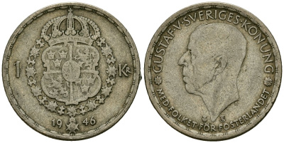 Швеция 1 крона 1946 TS, Густав V (1907-1950) KM 814 серебро 4177-947