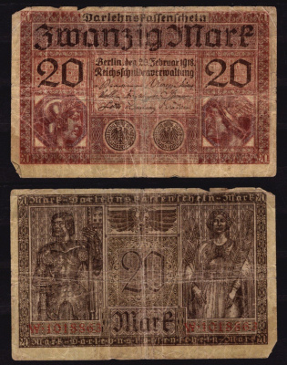 Германия 20 марок 1918 Изображение римской богини Минервы слева и бога Меркурия справа; мужчина в доспехах слева, женщина справа. Pick 57 бумага 6289-55-2-1