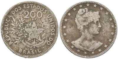 Бразилия 200 реалов 1901 MCMI, голова свободы вправо KM 504 медно-никель 4612-121