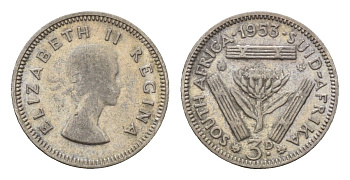 ЮАР 3 пенса 1953 Елизавета II (1952-2022) KM 47 серебро 4547-247