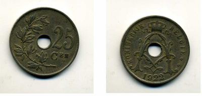 Бельгия 25 сантимов 1922 Belgie, Альберт I (1909-1934) KM 69 медно-никель 41-654