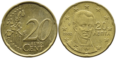 ГРЕЦИЯ 20 ЕВРОЦЕНТОВ 2002 KM 185 латунь 4390-1152