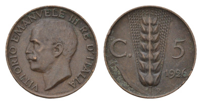Италия 5 чентезимо 1926 Виктор Эммануил III (1900-1946) KM 59 бронза 4651-536