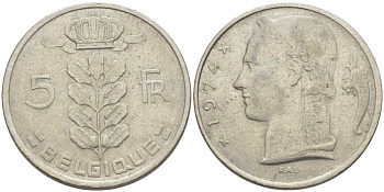 БЕЛЬГИЯ 5 ФРАНКОВ 1974 BELGIQUE, БОДУЭН I (1951-1993) KM 134.1 медно-никель 119-733