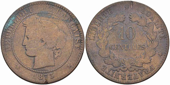ФРАНЦИЯ 10 САНТИМОВ 1873 K, ТРЕТЬЯ РЕСПУБЛИКА (1871-1940) KM 815.2, LA FRANC 135.11 бронза 97-431