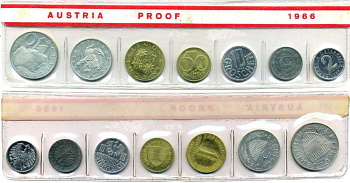 АВСТРИЯ НАБОР ИЗ 7 МОНЕТ 1966 ОФИЦИАЛЬНЫЙ НАБОР В ЦЕЛОФАНЕ KM PS8, 2875-2876, 2878, 2882, 2885-2886, 2889 PROOF 4400-811