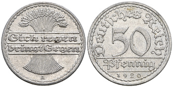 Германия 50 пфеннигов 1920 A KM 27, J. 301 алюминий 60-1115