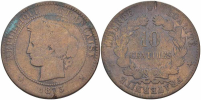 ФРАНЦИЯ 10 САНТИМОВ 1873 K, ТРЕТЬЯ РЕСПУБЛИКА (1871-1940) KM 815.2, LA FRANC 135.11 бронза 97-431