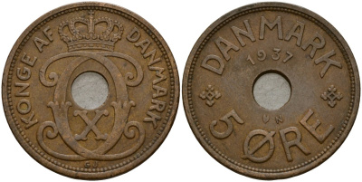 Дания 5 эре 1937 N; GJ, Кристиан X (1912-1947) KM 828 бронза 4187-854