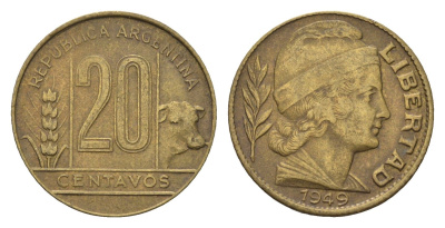 Аргентина 20 сентаво 1949 голова свободы вправо KM 42, CJ 203, Schon 45 алюминиевая бронза 4701-1264