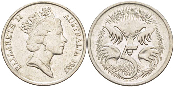 АВСТРАЛИЯ 5 ЦЕНТОВ 1987 ЕЛИЗАВЕТА II, ВТОРОЙ ПОРТРЕТ В КОРОНЕ, ЕХИДНА KM 80 медно-никель 4516-666