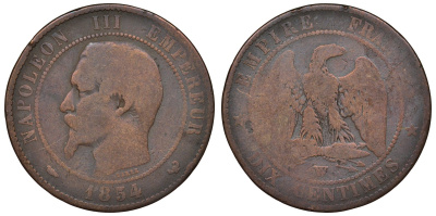 Франция 10 сантимов 1854 W, Наполеон III (1852-1870) KM 771.7, Le Franc 133.17 бронза 4123-313