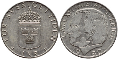 Швеция 1 крона 1980 Карл XVI Густав (1973- ) KM 852 медь плакированная медно-никелем 4397-947