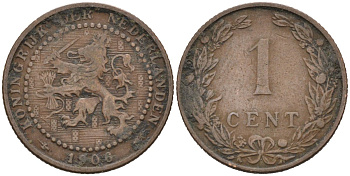 Нидерланды 1 цент 1906 Вильгельмина (1890-1948) KM 132 бронза 4576-662