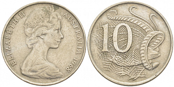Австралия 10 центов 1968 Елизавета II (1952-), птица лирахвост KM 65 медно-никель 3457-636