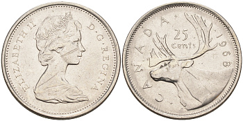 Канада 25 центов 1968 Елизавета II (1952-2022), олень KM 62 b никель  4595-636