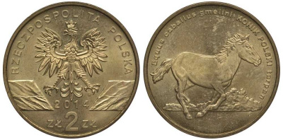 Польша 2 злотых 2014 MW, серия сохраним природу, польский коник KM 896 нордик UNC 4676-1051