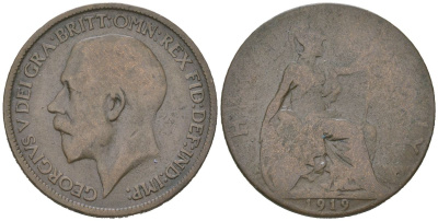 Великобритания 1/2 пенни 1919 Георг V (1910-1936) KM 809, Spink 4056 бронза 4616-735