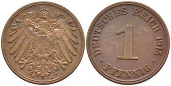 ГЕРМАНИЯ 1 ПФЕННИГ 1915 J KM 10, J. 10, Weege 2 медь 206-447