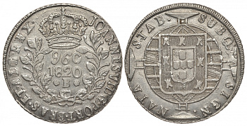 Бразилия 960 рейс 1820 В, монетный двор Бахия (Bahia), перечекан, Gomes J6 26.02, KM 326.2 серебро 00-819-33