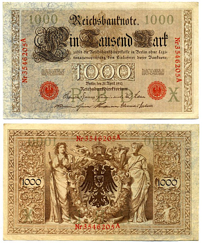 Германия 1000 марок 1910 21 апреля 1910, красная печать, номер семизначный, серия A, буква X, выпуск АПРЕЛЬ - ИЮЛЬ 1918 Pick 44, Роземберг 45b бумага VF 2194-22-2-1