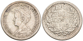 Нидерланды 10 центов 1915 Вильгельмина (1890-1948) KM 145 серебро 4576-812