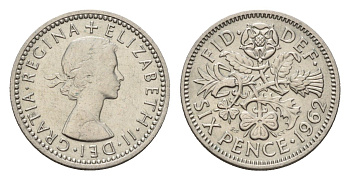 Великобритания 6 пенсов 1962 Елизавета II (1952-2022) KM 903, Spink 4149 медно-никель 4651-1218