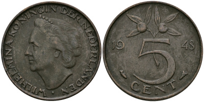 НИДЕРЛАНДЫ 5 ЦЕНТОВ 1948 ВИЛЬГЕЛЬМИНА KM 176 бронза 95-232
