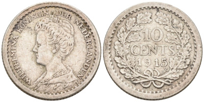 Нидерланды 10 центов 1915 Вильгельмина (1890-1948) KM 145 серебро 4576-812