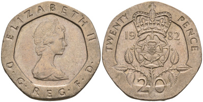 Великобритания 20 пенсов 1982 Елизавета II (1952-2022) KM 931, Spink 4230 (G1) медно-никель    4603-1023