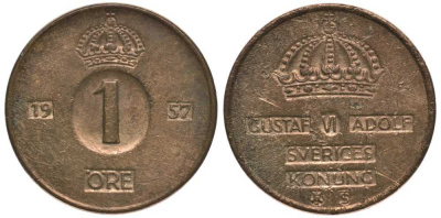 Швеция 1 эре 1957 T;S, Густав VI Адольф (1950-1973) KM 820 бронза 112-911