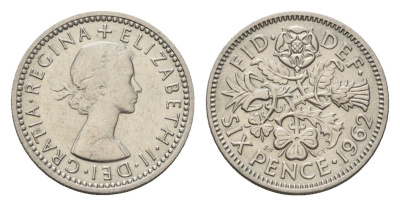 Великобритания 6 пенсов 1962 Елизавета II (1952-2022) KM 903, Spink 4149 медно-никель 4651-1218