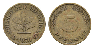 ФРГ 5 пфеннигов 1950 J KM 107, J. 382 сталь плакированная латунью 4618-1052