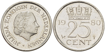 НИДЕРЛАНДЫ 25 ЦЕНТОВ 1980 ЮЛИАНА KM 183 никель 66-1165