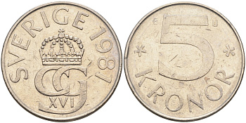 Швеция 5 крон 1987 D, Карл XVI Густав (1973- ) КМ 853 медно-никель 4367-1142