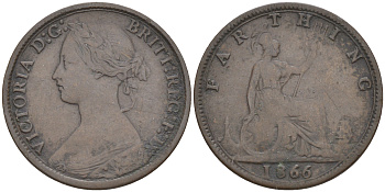 Великобритания 1 фартинг 1866 Виктория (1837-1901) KM 747.2, Spink 3958 бронза 63-237