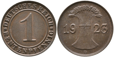 ГЕРМАНИЯ 1 РЕНТЕНПФЕННИГ 1923 D KM 30, J. 306 бронза UNC 413-2014