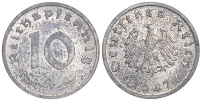 Германия 10 рейхспфеннигов 1947 F, оккупация Германии союзными войсками J. 375, KM A104 цинк aUNC 11-264-52