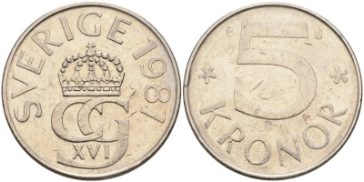 Швеция 5 крон 1987 D, Карл XVI Густав (1973- ) КМ 853 медно-никель 4367-1142