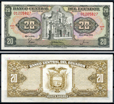 Эквадор 20 сукре 1983 Церковь Общества Иисуса, серия LI Pick 115 b (1983 (1))  бумага  UNC (пресс) 6294-63-1-2