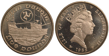 Остров Мэн 5 фунтов 1988 АА, рыбацкая лодка, рыбы, рак KM 215 вирениум UNC 1078-5-41