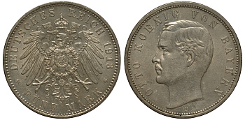 Бавария 5 марок 1913 D, Отто (1886-1913) Weege 47, J. 46, KM 512 серебро aUNC 00-816-42