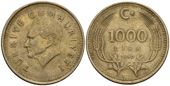 Турция 1000 лир 1990 Кемаль Ататюрк KM 997 медь цинк никель 4601-653