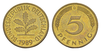 ФРГ 5 пфеннигов 1989 D KM 107, J. 382 сталь плакированная латунью UNC 4630-1251