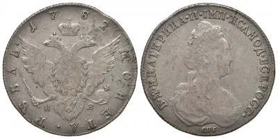 Россия 1 рубль 1782 СПБ-ИЗ, Екатерина II (1762-1796) KM 67b, Dav. 1685, Биткин 233 серебро 00-813-07