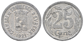 Франция, Эврё 25 сантимов 1921 диаметр 27 мм, вес 1,9 гр Elie mon 10.3 алюминий 4126-1147