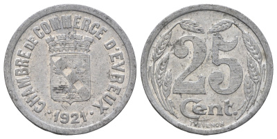 Франция, Эврё 25 сантимов 1921 диаметр 27 мм, вес 1,9 гр Elie mon 10.3 алюминий 4126-1147